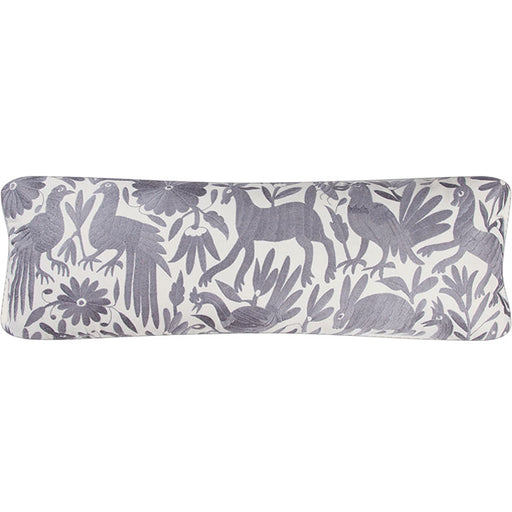 Mexican Gray on White Otomi Embroidery Pillow III. Mexican Otomi embroidery pillow. Gray floss thread on white cotton. Natural linen back, feather and down fill with invisible zipper closure. 16" x 41"