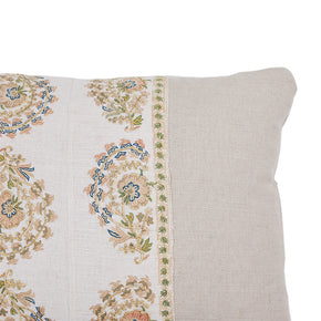 (CORNER DETAIL) Antique Ottoman Embroidery Pillow II. 19th C. Turkish.Silk floss embroidery on handwoven off white linen. Floral motif. Natural linen back. Invisible zipper closure and feather and down fill. 14" x 21"