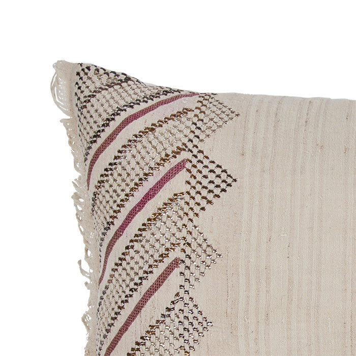 (CORNER DETAIL) Antique Ottoman Embroidery Pillow V. 19th C. Turkish. Silk floss and metallic thread embroidery on handwoven off white linen. Natural linen back. Invisible zipper closure and feather and down fill. 15 x 21"