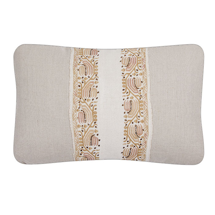 Antique Ottoman Embroidery Pillow. Early 20th C. Turkish.  Silk floss and metallic thread embroidery on handwoven off white linen inset into a natural linen frame. Natural linen back. Invisible zipper closure and feather and down fill. 14" x 21"