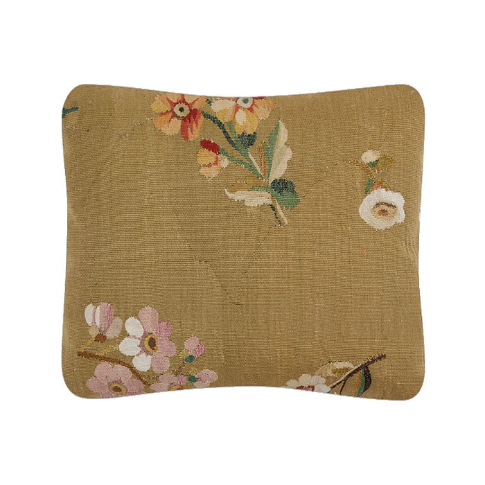 Antique Tapestry Pillow III. 18th C. European tapestry fragment pillow. Assorted European blossoms on muddy gold. Natural linen back, invisible zipper closure, feather and down fill. 14" x 16"