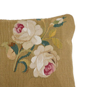 (CORNER DETAIL) Antique Tapestry Pillow IV. 18th C. European tapestry fragment pillow. Assorted European blossoms on muddy gold. Natural linen back, invisible zipper closure, feather and down fill. 10" x 13"
