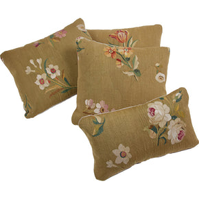 (PILLOW GROUP) Antique Tapestry Pillow IV. 18th C. European tapestry fragment pillow. Assorted European blossoms on muddy gold. Natural linen back, invisible zipper closure, feather and down fill. 10" x 13"