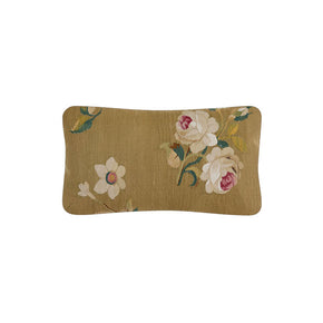 Antique Tapestry Pillow IV. 18th C. European tapestry fragment pillow. Assorted European blossoms on muddy gold. Natural linen back, invisible zipper closure, feather and down fill. 10" x 13"