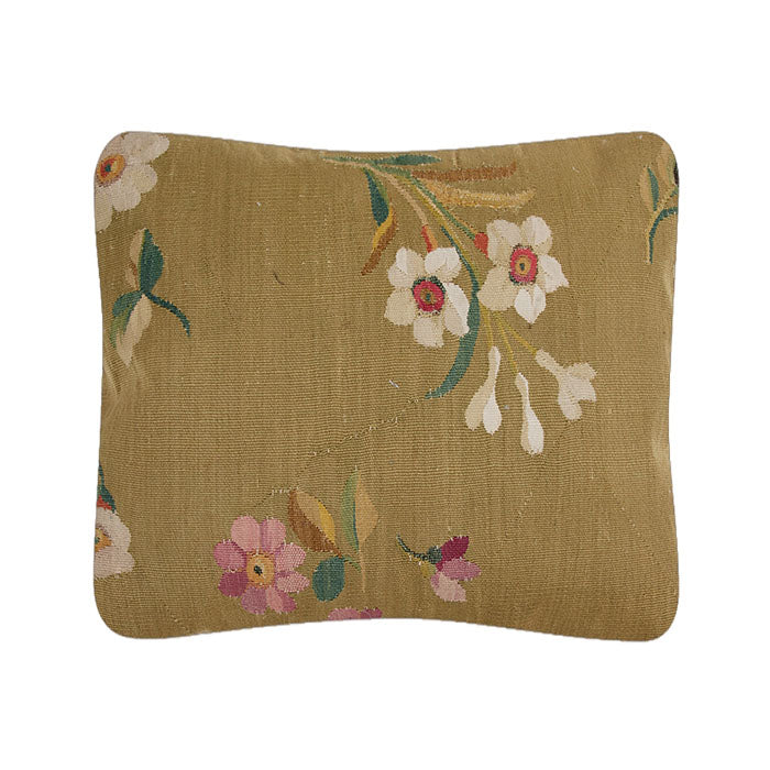Antique Tapestry Pillow V. 18th C. European tapestry fragment pillow. Assorted European blossoms on muddy gold. Natural linen back, invisible zipper closure, feather and down fill. 14" x 16"