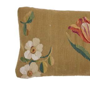 (DETAIL CORNERS) Antique Tapestry Pillow VI. 18th C. European tapestry fragment pillow. Assorted European blossoms on muddy gold. Natural linen back, invisible zipper closure, feather and down fill. 10" x 16"