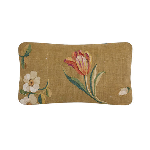 Antique Tapestry Pillow VI. 18th C. European tapestry fragment pillow. Assorted European blossoms on muddy gold. Natural linen back, invisible zipper closure, feather and down fill. 10" x 16"