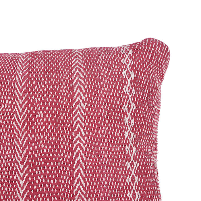 (CORNER DETAIL) Quilted Banjara Bag Pillow II. All over hand quilting on hand woven cotton.  Vintage storage bag reconfigured into a pillow. Handmade in Gujarat State in India. Natural linen back. Zipper closure, feather and down fill. 16" x 19"