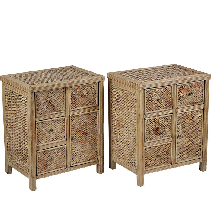 Pair Side Tables. Rattan lattice over wood. Vintage 20th C. Distressed paint finish. Sold as a pair. 21" H x 18" W x 13" D