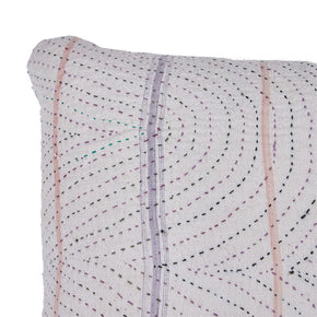 (CORNER DETAIL) Indian Kantha Quilt Pillows. White cotton with multi-color quilting stitches and vertical stripes in weave. Natural linen backs, invisible zipper closures, filled with feather and down. Two available.