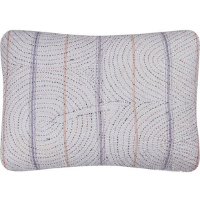 (SINGLE PILLOW DETAIL) Indian Kantha Quilt Pillows. White cotton with multi-color quilting stitches and vertical stripes in weave. Natural linen backs, invisible zipper closures, filled with feather and down. Two available.
