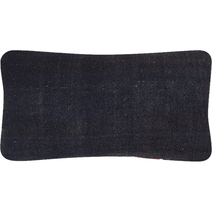 (LINEN BACK) Small rug reconfigured into a pillow from the mid 20th century. Black linen back, invisible zipper closure, feather and down fill. Measures 15" x 26"