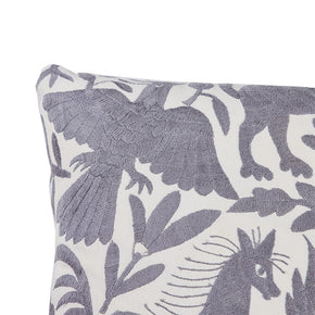 (CORNER DETAIL) Mexican Gray on White Otomi Embroidery Pillow II. Mexican Otomi embroidery pillow. Gray floss thread on white cotton. Natural linen back, feather and down fill with invisible zipper closure.