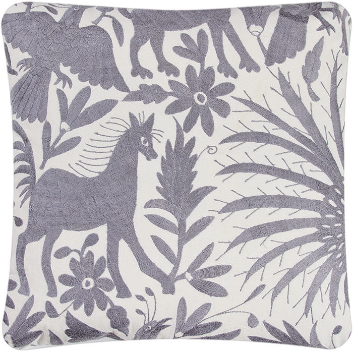 Square Mexican Gray on White Otomi Embroidery Pillow II. Mexican Otomi embroidery pillow. Gray floss thread on white cotton. Natural linen back, feather and down fill with invisible zipper closure.
