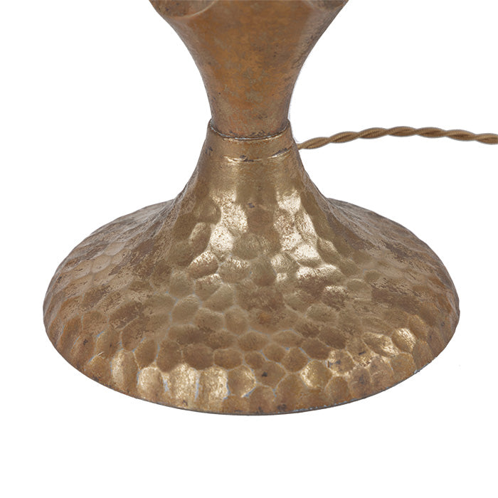 (HAMMERED BASE DETAIL) Amphora Vase Table Lamp. c1940s Amphora shape hammered metal lamp.  Dull gold finish.  Custom shade with difusser.  Updated hardware and gold twist cord wiring. 25" H x 8" D 