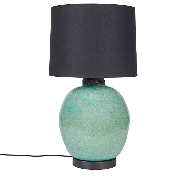 Celadon Crackle Glaze Table Lamp. c1940s.  Ceramic body with ebony painted wood base.  Custom black linen shade.  All updated hardware, fittings and wiring. 
