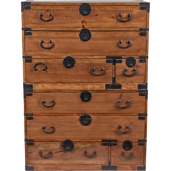 (TWO TANSU STACKED) Antique Japanese Tansu. c1920s Kiri Wood Japanese Tansu. Handcrafted hardware. Two available. Priced individually. 35" W x 14" D x 24" H
