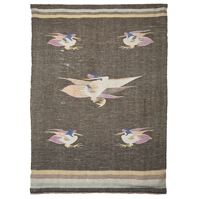 Antique Mongolian Tapestry with Cranes. Flat weave kilim rug or tapestry for hanging. Early 20th C. Mongolia. Sleeve attached at top and bottom to facilitate hanging. 79" H x 58" W