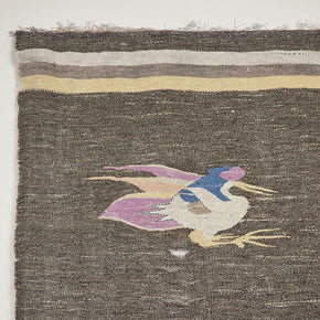 (TOP DETAIL FRINGE) Antique Mongolian Tapestry with Cranes. Flat weave kilim rug or tapestry for hanging. Early 20th C. Mongolia. Sleeve attached at top and bottom to facilitate hanging. 79" H x 58" W
