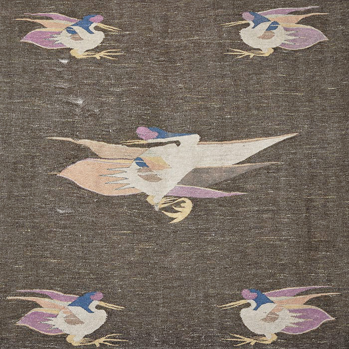 (PATTERN DETAIL) Antique Mongolian Tapestry with Cranes. Flat weave kilim rug or tapestry for hanging. Early 20th C. Mongolia. Sleeve attached at top and bottom to facilitate hanging. 79" H x 58" W