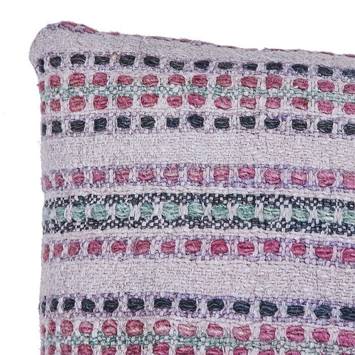 (CORNER DETAIL) East European Hand Woven Cotton Pillows. Heavy white cotton with pink, green and black stripes. Natural linen backs, invisible zipper closures, filled with feather and down. Three available.