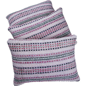 East European Hand Woven Cotton Pillows. Heavy white cotton with pink, green and black stripes. Natural linen backs, invisible zipper closures, filled with feather and down. Three available.