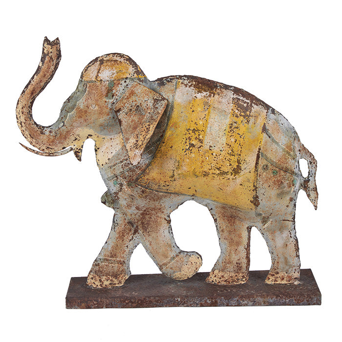 (LEFT VIEW DETAIL) Folk Art Tin Elephant. Hand crafted. Distressed paint finish on front and back. 26" x 23" x 5"