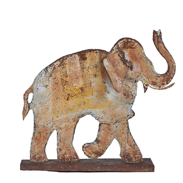 Folk Art Tin Elephant. Hand crafted. Distressed paint finish on front and back. 26" x 23" x 5"