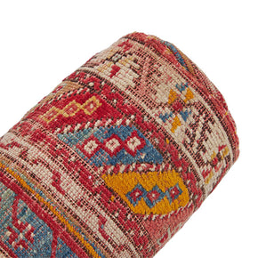 (EDGE DETAIL) Turkish Rug Bolster Pillow. Vintage Turkish village rug reconfigured into a bolster pillow.  Zipper closure and feather and down fill. Two available.  Priced and listed individually. 6" x 18"