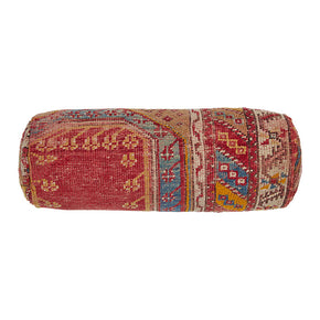 Turkish Rug Bolster Pillow. Vintage Turkish village rug reconfigured into a bolster pillow.  Zipper closure and feather and down fill. Two available.  Priced and listed individually. 6" x 18"