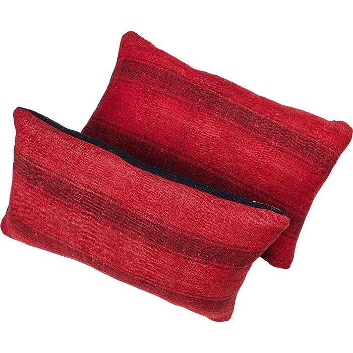 Two Anatolian Turkish Perde Pillows, hand-woven with Turkish wool fabric. Bright red with stripes. Invisible zipper closures, filled with feather and down. Two available..