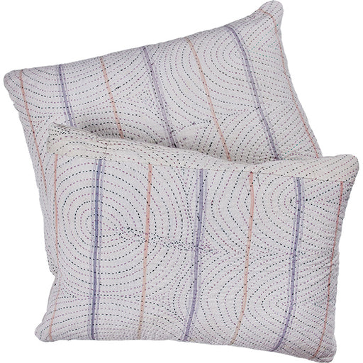 Indian Kantha Quilt Pillows. White cotton with multi-color quilting stitches and vertical stripes in weave. Natural linen backs, invisible zipper closures, filled with feather and down. Two available.