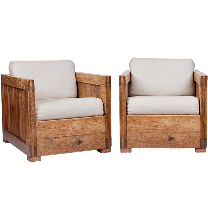 Two Natural Wood Club Chairs. Vintage wood chairs with off-white linen upholstery. Two available. Priced individually.