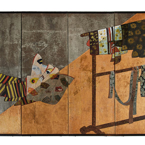(CENTER PANELS) Japanese Screen. Early 20th C Japanese folding screen. Gold and silver leaf background with images of kimonos and obis hanging on traditional wooden racks. Age appropriate wear to surfaces as shown. Folds to small size and backed with Japanese printed paper.  Extended size: 37" H x 80" W