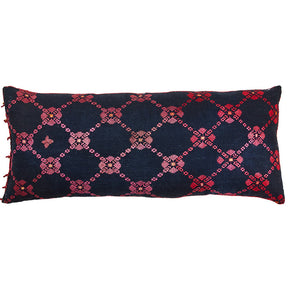 (EMBROIDERY BACK) Swat Valley Pillow II. Red silk floss embroidery on black cotton. Vintage from Pakistan. Back also embroidered. Invisible zipper closure added to original cushion cover and filled with feather and down. 12" x 30"