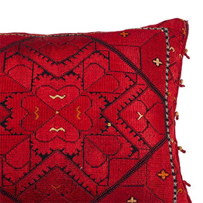 (CORNER FRINGE DETAIL) Swat Valley Pillow II. Red silk floss embroidery on black cotton. Vintage from Pakistan. Back also embroidered. Invisible zipper closure added to original cushion cover and filled with feather and down. 12" x 30"
