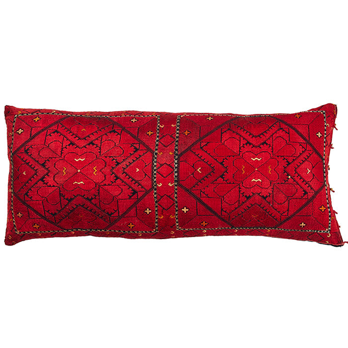 Swat Valley Pillow II. Red silk floss embroidery on black cotton. Vintage from Pakistan. Back also embroidered. Invisible zipper closure added to original cushion cover and filled with feather and down. 12" x 30"