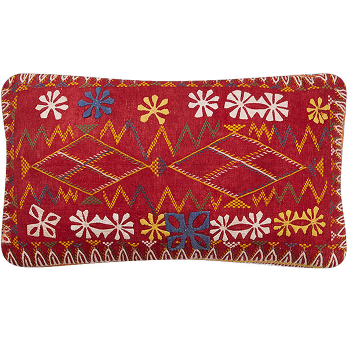 Banjara Indian Pillow. Vintage storage bag reconfigured into a pillow. Embroidery and cutwork on cotton.  Handmade in Gujarat State in India. Blue linen back. Invisible zipper closure, feather and down fill. 14" x 24"