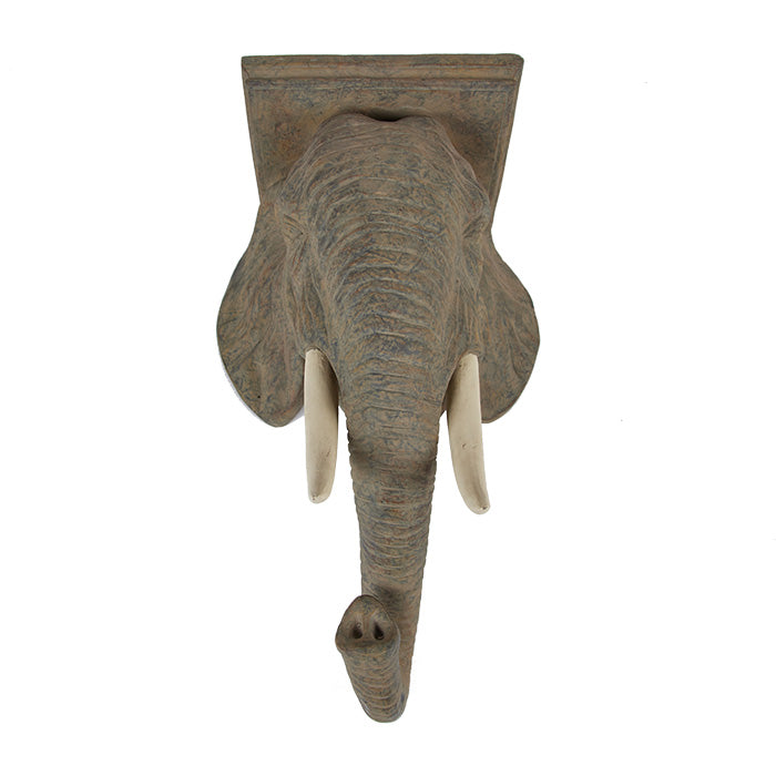(FRONT VIEW) Elephant Head Shelf. Vintage polychrome painted composition hanging shelf. 21" H x 12.5" W x 9.5" D