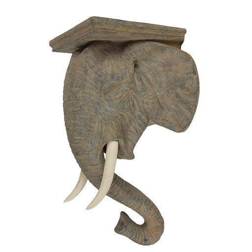 Elephant Head Shelf. Vintage polychrome painted composition hanging shelf. 21" H x 12.5" W x 9.5" D