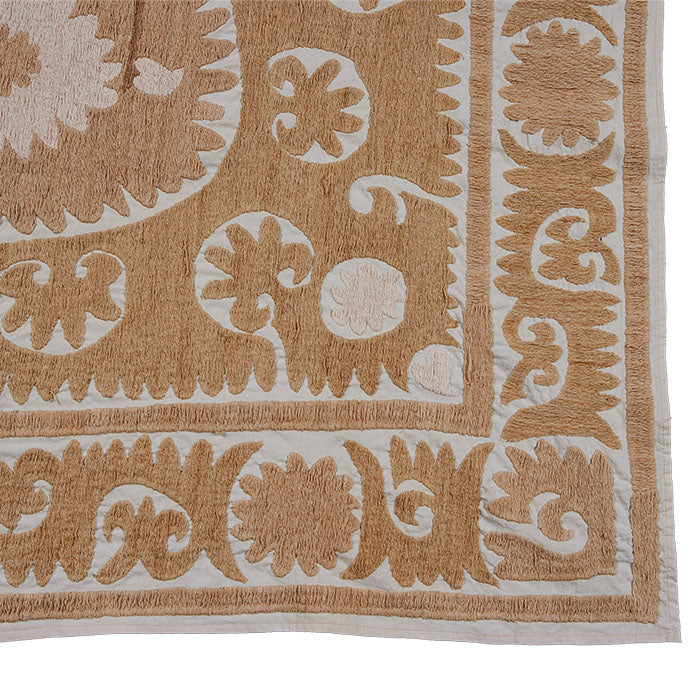 (CORNER DETAIL) Small Uzbek Suzani - Neutral color Suzani. Unusual small size.  Vintage cotton floss embroidery on cotton.  Mid-century. 51" x 40"