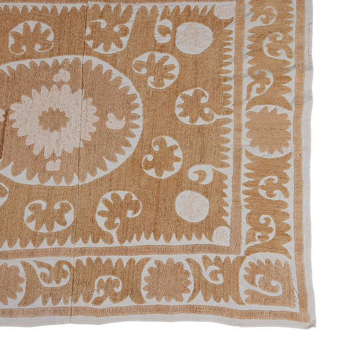 (RIGHT CORNER) Small Uzbek Suzani - Neutral color Suzani. Unusual small size.  Vintage cotton floss embroidery on cotton.  Mid-century. 51" x 40"
