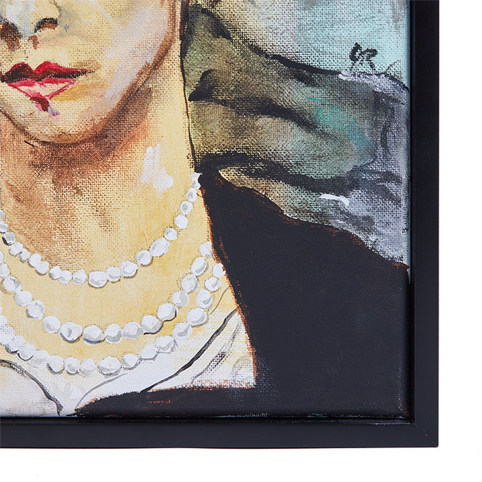 (SIGNATURE DETAIL) Woman with Pearls by Jeannie Rollo. Acrylic on canvas artwork by contemporary artist. Signature center right.