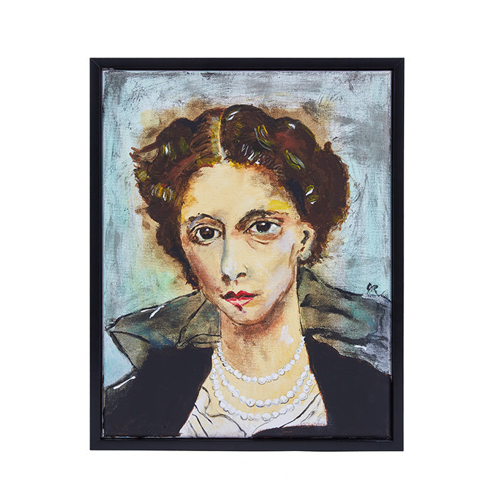 Woman with Pearls by Jeannie Rollo. Acrylic on canvas artwork by contemporary artist. Signature center right.