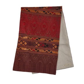 Indonesian Brocade Table Runner. Handwoven supplementary weft brocade table runner with natural linen backing. 14" x 71"