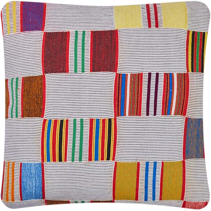 (BACK) African Ewe Cloth Pillow.  From Ghana. Hand spun and strip-woven Ewe cloth with multi-color supplementary weft embroidered stripes. Natural linen back, invisible zipper closure, feather and down fill. Several available with different stripe configurations as shown. 20" x 20" 