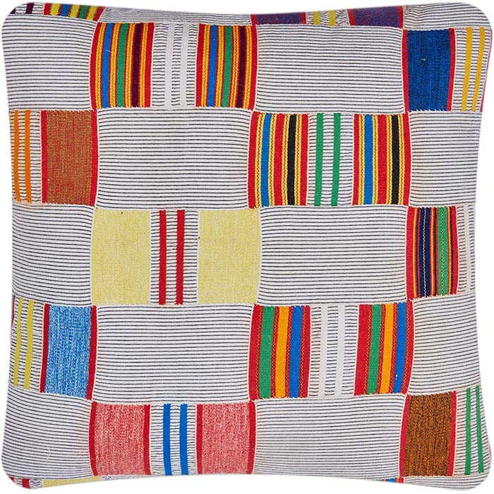 African Ewe Cloth Pillow.  From Ghana. Hand spun and strip-woven Ewe cloth with multi-color supplementary weft embroidered stripes. Natural linen back, invisible zipper closure, feather and down fill. Several available with different stripe configurations as shown. 20" x 20" 