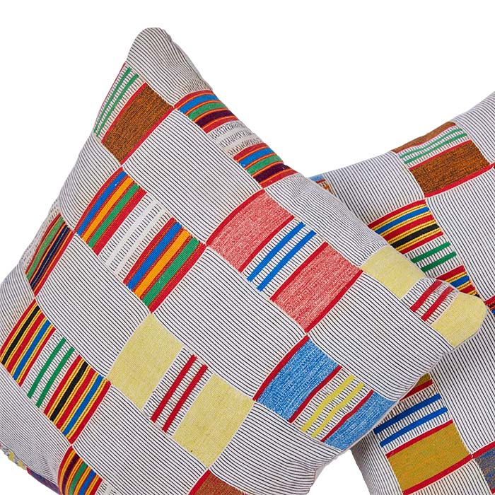 (DETAIL) African Ewe Cloth Pillow.  From Ghana. Hand spun and strip-woven Ewe cloth with multi-color supplementary weft embroidered stripes. Natural linen back, invisible zipper closure, feather and down fill. Several available with different stripe configurations as shown. 20" x 20" 