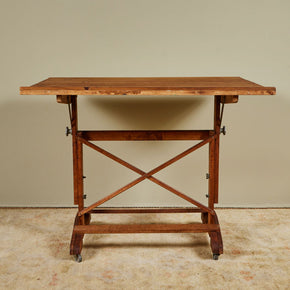 (DETAIL) Table in flat position. Antique Drafting Table. Adjustable wood drafting table.  Use flat or tilted.  Early 20th C. 42" W x 30" D x 29.5" H.