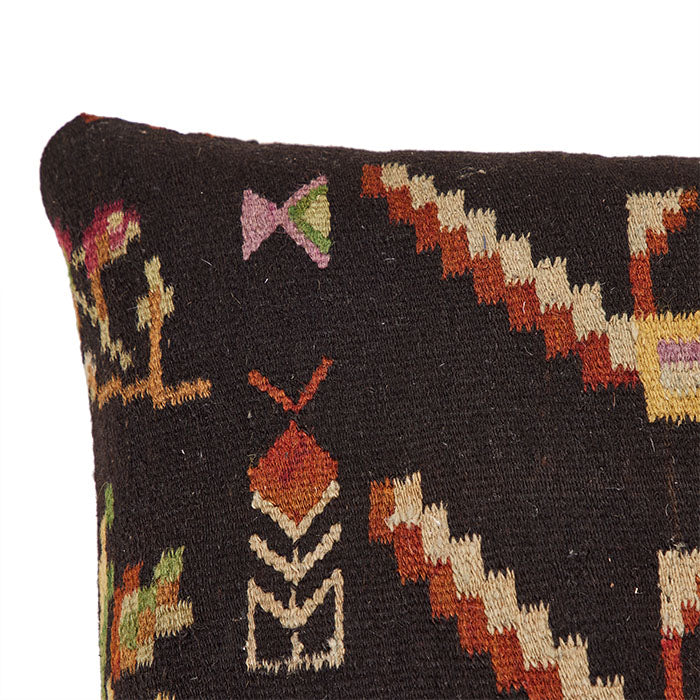 (CORNER DETAIL) Antique Bessarabian Flatweave Pillow III, early 20th C. rug with black linen back, invisible zipper closure, and feather and down fill. Measures 22" x 22".